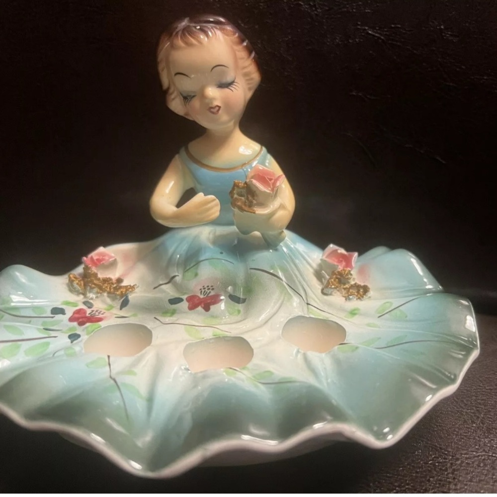 Vintage Ceramic LIPSTICK GIRL Figurine with Floral Dress Makeup Holder